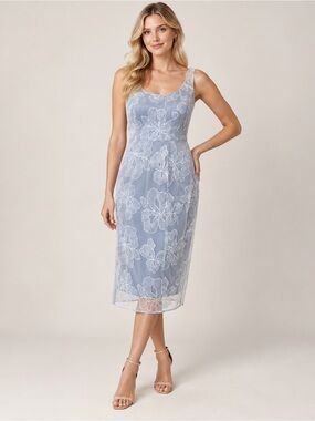 Elegant Light Blue Lace Overlay Sheath Dress